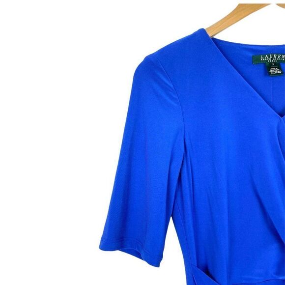 RALPH LAUREN Dress Women's Cobalt Blue V Neck Cocktail Dress with Ruffle US 4 - Picture 6 of 9
